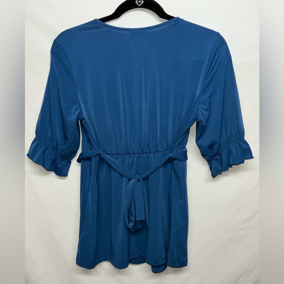 Oh Baby by Motherhood Maternity Blue Faux Wrap V-Neck Blouse Perfect for Photos - Picture 5 of 10